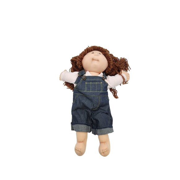 Vintage Cabbage Patch Kids Doll In Blue Denim Overalls With Brown Yarn Hair - Picture 1 of 5
